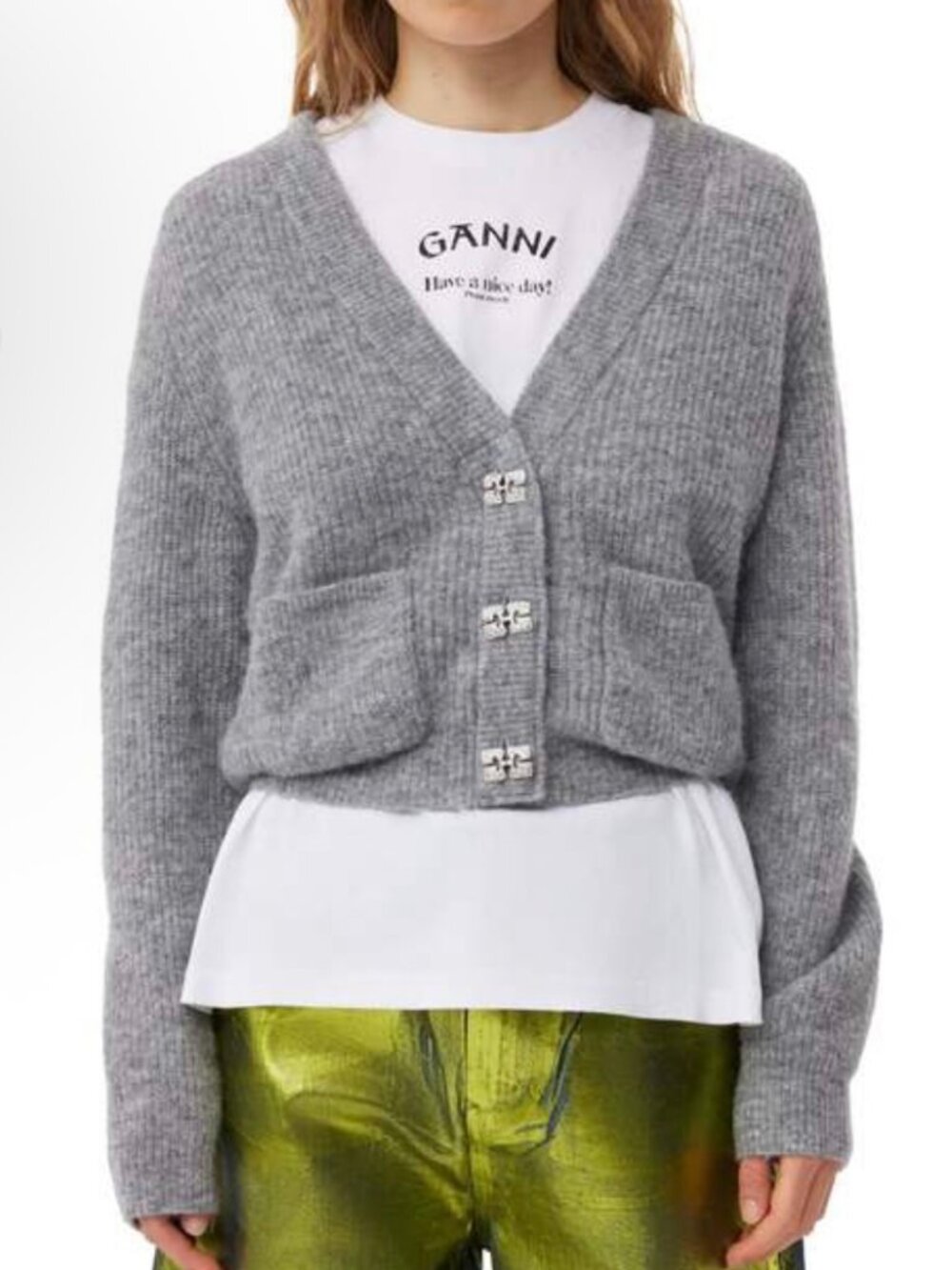 GANNI Soft Wool Cardigan-Paloma Melange-Women's Medium-NWOT - Picture 1 of 11
